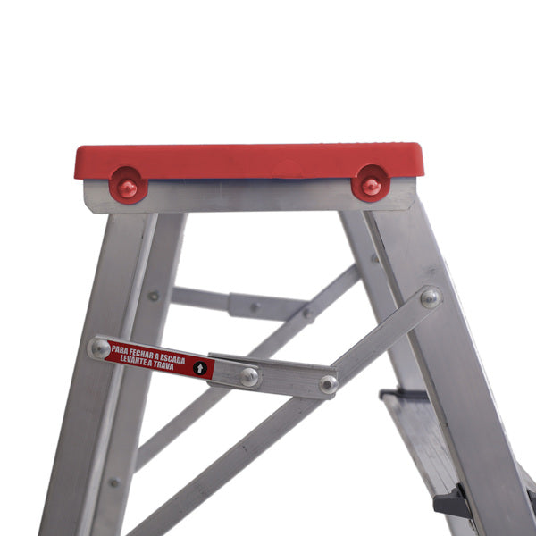 Banqueta Escada Alumínio 3 Degraus 0,65m 120kg Prata e Vermelho Reisam