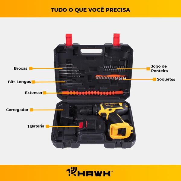 Parafusadeira E Furadeira Hawk 20v Impacto – Bateria Li-íon 1.5ah, Bivolt