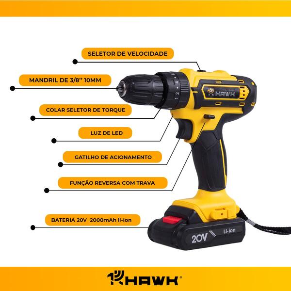 Parafusadeira E Furadeira Hawk 20v Impacto – Bateria Li-íon 1.5ah, Bivolt